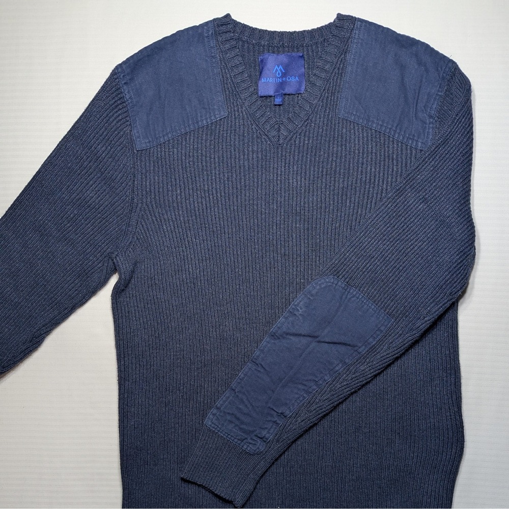 Martin Osa‎ V Neck Sweater Navy Cotton Blend Elbow Patch Minimal
